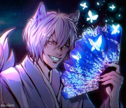 Rule 34 | 1boy, animal ears, artist name, asya (krizless), blue eyes, bug, butterfly, claws, commentary, cowlick, english commentary, fang, folding fan, fox boy, fox ears, fox tail, glowing, glowing butterfly, glowing eyes, grin, hand fan, highres, holding, holding fan, insect, japanese clothes, kamisama hajimemashita, kimono, male focus, night, portrait, print folding fan, short hair, smile, solo, tail, tomoe (kamisama hajimemashita), white hair, yukata
