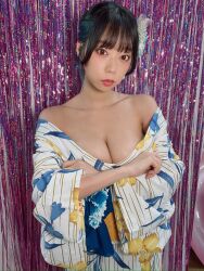 1girl aoyama_hikaru bare_shoulders black_hair breasts cleavage collarbone crossed_arms curtains hair_ornament highres indoors japanese_(nationality) japanese_clothes kimono large_breasts lipstick looking_at_viewer makeup off_shoulder photo_(medium) real_life short_hair standing