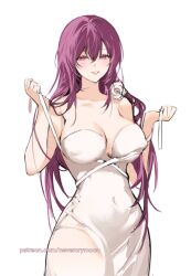 1girl alternate_costume alternate_hair_length alternate_hairstyle bare_shoulders breasts collarbone commentary covered_navel cowboy_shot english_commentary highres honkai:_star_rail honkai_(series) kafka_(honkai:_star_rail) large_breasts light_blush long_hair looking_at_viewer nevercrymoon no_pupils parted_lips patreon_username purple_eyes purple_hair simple_background smile solo watermark web_address white_background