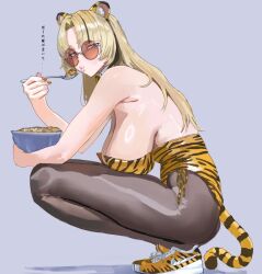1girl alternate_costume animal_ears animal_print black_pantyhose blonde_hair blunt_bangs bowl breasts cereal commentary fingernails from_side highres hintobento holding holding_bowl holding_spoon hololive hololive_dev_is huge_breasts koganei_niko leopard_print leotard long_hair looking_at_viewer orange_nails pantyhose parted_bangs round_eyewear solo spoon squatting strapless strapless_leotard translated virtual_youtuber