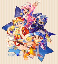 4boys ;d ahoge arm_up armor bandana_waddle_dee belt black_belt blue_cape blue_eyes blue_hair blue_turban boots bright_pupils brown_eyes brown_hair cape coat copyright_name covered_mouth fingerless_gloves foreshortening fur-trimmed_coat fur_trim gloves grin hammer heart heart_in_mouth highres holding holding_hammer holding_polearm holding_sword holding_weapon index_finger_raised king_dedede kirby kirby_(series) lace-up_boots male_focus meta_knight mittens multiple_boys nintendo one_eye_closed open_clothes open_coat open_mouth orange_boots orange_shorts outline over_shoulder pants pauldrons personification pink_hair polearm red_coat red_gloves red_shirt scarf shirt shorts shoulder_armor single_sleeve sleeveless sleeveless_shirt smile star_(sky) starry_sky_background striped_background sword turban v-shaped_eyebrows weapon weapon_over_shoulder white_outline white_pants white_pupils white_scarf yasubaru yellow_boots yellow_mittens zipper_pull_tab