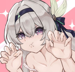 1girl :i bare_shoulders black_hairband blush closed_mouth collarbone firefly_(honkai:_star_rail) grey_hair hair_between_eyes hair_ornament hairband highres honkai:_star_rail honkai_(series) kai1up pink_background pink_eyes pout simple_background solo