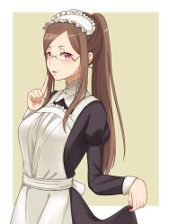 Rule 34 | 1girl, alternate costume, apron, black dress, brown eyes, brown hair, dddomatesu, dorothy (princess principal), dress, enmaided, glasses, highres, index finger raised, long hair, looking at viewer, maid, maid headdress, princess principal, solo, white apron
