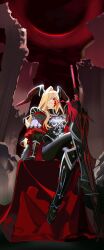 1girl aestus_estus_(queen_draco) armor armored_boots black_armor black_bodysuit black_gloves black_horns black_sleeves blonde_hair bodysuit boots breastplate cape cherrymaru commission crossed_legs eclipse facial_mark fate/grand_order fate_(series) full_body fur-trimmed_cape fur_trim gloves hair_over_one_eye high_heel_boots high_heels highres holding holding_sword holding_weapon horns long_hair long_horns nero_claudius_(fate) pointy_ears pteruges puffy_sleeves queen_draco_(fate) queen_draco_(third_ascension)_(fate) red_background red_cape red_eyes ruins second-party_source shoulder_plates single_hair_intake sitting slit_pupils smug solo sword wavy_hair weapon