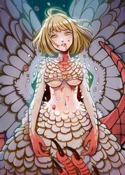1girl blonde_hair blood blood_from_mouth blood_on_stomach breasts commentary dungeon_meshi eyebrows_hidden_by_hair falin_touden falin_touden_(chimera) feathered_wings feathers highres lord_griselda medium_breasts monster_girl navel parted_lips slit_throat smile solo stab underboob wings yellow_eyes