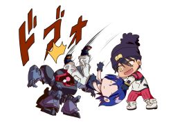 Rule 34 | 1boy, 1girl, black hair, blue hair, bodysuit, colored inner hair, crying, dom (mobile suit), gloves, gundam, gundam gquuuuuux, hat, hitting, holding, long hair, mecha, mecha pilot suit, mobile suit, multicolored bodysuit, multicolored hair, multiple legs, normal suit (gundam), nyaan (gundam gquuuuuux), one-eyed, open mouth, purple hair, robot, ryokasaka, science fiction, short hair, shuji ito, simple background, smile, sound effects, tank top, two-tone hair, white background, yellow eyes, zeon