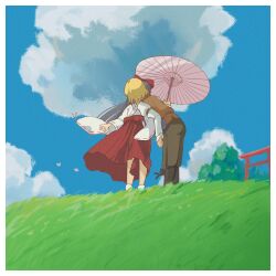 2girls alice_margatroid alternate_costume black_boots blonde_hair boots bow brown_vest cloud commentary_request day grass hair_bow hakama hakama_skirt hakurei_reimu highres holding holding_umbrella implied_kiss japanese_clothes karaqia kaze_tachinu kimono long_hair medium_hair multiple_girls oil-paper_umbrella outdoors pants parody red_bow red_hakama ribbon-trimmed_sleeves ribbon_trim shirt skirt torii touhou umbrella very_long_hair vest white_kimono white_shirt wide_sleeves yuri