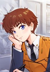 1girl blue_eyes brown_hair eyebrows female_focus flat_chest head_rest izumi_noa kidou_keisatsu_patlabor light_smile looking_at_viewer necktie orz_(orz57) pen police short_hair smile solo uniform vest