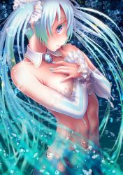 1girl amulet aqua_eyes aqua_hair aqua_nails caustics collar commentary covering_privates covering_chest detached_sleeves female_focus frilled_sleeves frills hair_scarf hatsune_miku head_tilt highres hip_bones lips long_hair looking_at_viewer midriff nail_polish navel nude snowflakes solo twintails upper_body very_long_hair vocaloid water water_drop wokada yuki_miku yuki_miku_(2019)