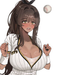 1girl :o ball baseball_(object) baseball_uniform black_hair blush breasts cleavage commentary_request dark-skinned_female dark_skin fingernails freeman_(tkuh4475) goddess_of_victory:_nikke highres huge_breasts long_hair nail_polish noir_(baseball_cheerleader)_(nikke) noir_(nikke) official_alternate_costume ponytail sidelocks simple_background solo sportswear upper_body very_long_hair white_background
