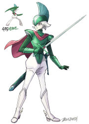 1boy armor artist_name boots cape closed_mouth full_body gallade gauntlets gen_4_pokemon green_armor helmet highres holding holding_sword holding_weapon humanization korean_commentary looking_to_the_side male_focus nintendo pants pokemon pokemon_(creature) rapier red_cape red_eyes simple_background sword tamtamdi translated weapon white_background white_footwear white_hair white_pants