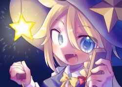 1girl :d blonde_hair blue_background blue_eyes blue_hat bow bowtie braid commentary cookie_(touhou) fang glowing hair_bow hat hat_ornament highres holding holding_instrument hyoushigi instrument kirisame_marisa long_hair looking_at_viewer open_mouth qrteg87yhl16571 red_bow ruka_(cookie) side_braid single_braid smile solo star_(symbol) star_hat_ornament touhou upper_body witch_hat yellow_bow yellow_bowtie