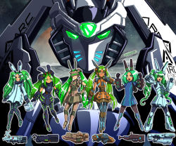 Rule 34 | 6+girls, :o, bfg 9000 (personification), clenched hands, commentary, dark-skinned female, dark skin, doom (series), doom 3, doom 64, doom eternal, drill hair, energy gun, english commentary, giant, giantess, glasses, green eyes, green hair, gun, head-mounted display, highres, long hair, looking at viewer, mecha, mecha musume, mechanical arms, mechanical legs, multiple girls, personification, quake (series), quake 1, quake 2, quake 3 arena, robot, round eyewear, substance20, twintails, very long hair, visor, weapon