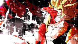 Rule 34 | 2boys, bare pectorals, black vest, blonde hair, commentary request, disintegration, dragon ball, dragonball z, gogeta, green eyes, highres, janemba, male focus, metamoran vest, multiple boys, pectorals, punching, ruto830, sparkle, super saiyan, super saiyan 1, vest