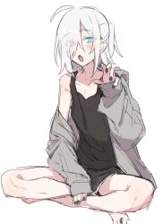 1girl ahoge azuma_shino black_tank_top blue_eyes blush crossed_legs eyes_visible_through_hair fang flat_chest grey_hoodie grey_nails grey_shorts hair_over_one_eye heterochromia hood hoodie nail_polish nowareno_(azuma_shino) open_mouth original pointy_ears ponytail protected_link short_bangs short_hair short_ponytail shorts simple_background slit_pupils solo tank_top toenail_polish toenails white_background white_hair