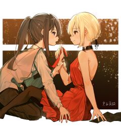 2girls arm_support bare_shoulders black_hair black_pants black_pantyhose black_ribbon blonde_hair blue_nails blush buttoned_cuffs buttons chinese_commentary closed_mouth clothes_grab commentary_request dated dkl_(dinosaurkl2) dress eye_contact grey_shirt grey_vest hair_between_eyes highres holding_another&#039;s_wrist inoue_takina long_hair long_sleeves looking_at_another lycoris_recoil multiple_girls nail_polish necktie necktie_grab neckwear_grab nishikigi_chisato official_alternate_costume open_mouth pants pantyhose ponytail purple_eyes red_dress red_eyes red_necktie ribbon shirt short_hair sidelocks sleeveless sleeveless_dress vest yuri