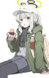 1girl :d absurdres arm_at_side black_pantyhose black_scarf blue_archive blunt_bangs blush coat commentary doumu_(31678316) feet_out_of_frame food green_coat green_eyes grey_hair grey_skirt halo hand_up happy hare_(blue_archive) hare_(camp)_(blue_archive) hat highres holding holding_food invisible_chair official_alternate_costume open_clothes open_coat open_mouth pantyhose peaked_cap ponytail roasted_sweet_potato scarf sidelocks simple_background sitting skirt smile solo sweet_potato white_background white_hat yellow_halo