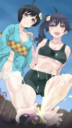 Rule 34 | 2girls, ahoge, araragi karen, araragi tsukihi, bakemonogatari, barefoot, black eyes, black hair, blush, breasts, cameltoe, cloritin, closed mouth, egg hair ornament, food-themed hair ornament, hair ornament, highres, long hair, looking at viewer, monogatari (series), multiple girls, open mouth, short hair, siblings, side ponytail, sisters, smile, stepped on