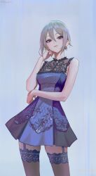 1girl absurdres arm_under_breasts bare_shoulders blue_dress blush breasts cleavage dress floral_print garter_straps grey_eyes grey_hair highres idolmaster idolmaster_cinderella_girls lace large_breasts looking_at_viewer qingli_ye shiomi_syuko short_hair smile solo strapless strapless_dress thighhighs