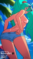 1girl 2024 9:16 animated ass bad_tag blue_eyes blue_hair brazil brazilian_female brazilian_miku breasts diives female female_focus hatsune_miku highres huge_ass latin_american_hatsune_miku_(meme) long_hair looking_at_viewer looking_back nichiro no_panties pussy shorts shorts_down smile sunglasses tan tanline tongue tongue_out topless twintails video vocaloid