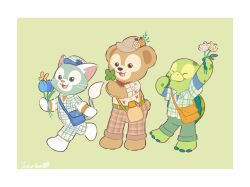 3boys animal_ears animification duffy_and_friends duffy_the_disney_bear flower full_body furry furry_male gelatoni green_fur highres holding looking_at_viewer multiple_boys no_humans olu_mel shirt smile standing stuffed_animal stuffed_toy takatmaorange turtle_boy