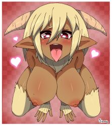 1girl absurdres artist_name blonde_hair blush border breasts checkered_background commentary commission dark-skinned_female dark_skin elbow_gloves english_commentary fingerless_gloves full_body gloves goat_girl goat_horns hair_between_eyes heart heart-shaped_pupils highres horns large_breasts long_bangs looking_at_viewer monster_musume_no_iru_nichijou neck_fur nipples nude open_mouth pointy_ears red_background red_eyes saane_(monster_musume) satyr short_hair simmsy solo symbol-shaped_pupils tongue tongue_out white_border yellow_gloves