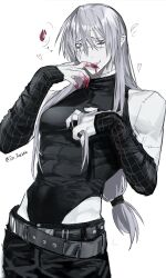 1boy abs absurdres artist_name belt black_pants blood blood_on_hands da_re666 detached_sleeves grey_eyes grey_hair greyscale hair_between_eyes hand_in_own_hair highres jujutsu_kaisen leotard leotard_under_clothes long_hair looking_at_viewer mahito_(jujutsu_kaisen) male_focus mature_male monochrome pale_skin pants pectorals pointy_ears scar scar_on_face simple_background solo stitched_arm stitched_face stitches teeth vampire white_background
