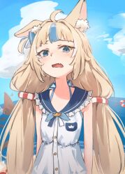 1girl ahoge animal_ears bare_arms beach blonde_hair blue_eyes blue_hair blue_sailor_collar blue_sky blunt_bangs cat_ears cloud commentary day dress english_commentary fang frilled_sailor_collar frills highres indie_virtual_youtuber lifebuoy_hair_ornament long_hair low_twintails malvar multicolored_hair one_side_up open_mouth outdoors sailor_collar sameko_saba skin_fang sky sleeveless sleeveless_dress solo streaked_hair twintails two-tone_hair upper_body very_long_hair virtual_youtuber water white_dress