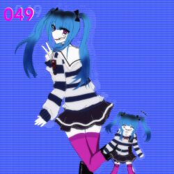 1girl absurdres amemiya_darumi black_hair black_skirt blue_background blue_hair chibi chibi_inset closed_eyes hand_up heart highres long_hair makeup pink_eyes pink_thighhighs pleated_skirt runny_makeup safety_pin shirt simple_background skirt striped_clothes striped_shirt the_hundred_line_-last_defense_academy- thighhighs turning_head twintails v