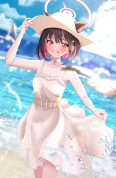 1girl animal_ears bare_arms bare_shoulders beach black_hair blue_archive blunt_ends blush bow bow_choker cat_ears cat_girl choker colored_inner_animal_ears colored_inner_hair dress grin hat highres kazusa_(blue_archive) looking_at_viewer multicolored_hair ocean pink_eyes pink_hair short_hair skirt_hold smile solo sun_hat sundress two-tone_hair white_choker white_dress white_hat yoshiki_3821