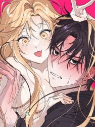 Rule 34 | 1boy, 1girl, a man with a ghost, black eyes, black hair, blush, breasts, female focus, happy, hug, huge breasts, kim ki-tae, lee serin, male focus, nipples, nude, pink background, short hair