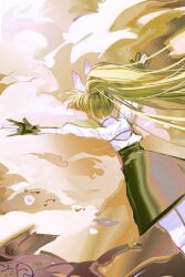 1girl absurdres brown_hair gloves hair_ornament highres hololive hololive_english hooman_(nanashi_mumei) hug long_hair lying nanashi_mumei on_ground on_stomach outstretched_arms partially_fingerless_gloves pungson_mori shirt skirt spread_arms very_long_hair virtual_youtuber white_shirt