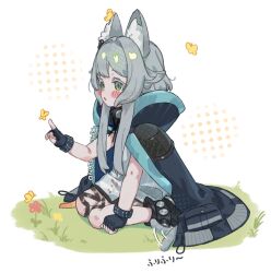 1girl animal_ears arknights black_gloves blue_cape blush bug butterfly cape cat_ears cat_girl cat_tail commentary_request dress fingerless_gloves gloves green_eyes grey_hair highres infection_monitor_(arknights) insect open_mouth rosmontis_(arknights) sitting solo tail thick_eyelashes uito_yzwa wariza white_dress