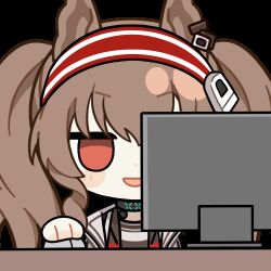 1girl angelina_(arknights) animal_ears animated animated_gif arknights black_choker blood blood_from_mouth blush brown_hair chinese_commentary choker chunye_haruya commentary_request computer_mouse disembodied_hand earpiece fox_ears hair_between_eyes hairband infection_monitor_(arknights) long_hair lowres material_growth monitor no_pupils oripathy_lesion_(arknights) red_eyes red_hairband second-party_source solo striped_clothes striped_hairband transparent_background twintails two-tone_hairband upper_body