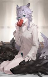 Rule 34 | 1girl, absurdres, animal, animal ears, arknights, black panties, blue eyes, blush, closed mouth, collared shirt, commentary, crossed bangs, cup, english commentary, grey hair, grey shirt, grey tail, hair between eyes, highres, holding, holding cup, lappland (arknights), lappland the unemployed (meme), long hair, long sleeves, looking at viewer, meme, mug, no pants, nose blush, open collar, panties, scar, scar across eye, scar on face, shirt, sitting, smile, solo, tail, tail raised, underwear, useless dino, wolf, wolf ears, wolf girl, wolf tail