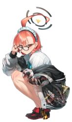 1girl absurdres adjusting_eyewear ahoge black-framed_eyewear black_nails black_shoes blue_archive blush commentary_request glasses hand_on_eyewear highres huge_ahoge jacket looking_at_viewer maid_headdress medium_hair mole mole_under_eye neru_(blue_archive) pink_hair red_eyes shirt shoes simple_background sitting solo sukajan walking_nakta white_background white_shirt
