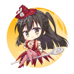 Rule 34 | 1girl, alternate costume, arm ribbon, bare shoulders, black hair, black ribbon, blunt ends, blush, breasts, chibi, chibi only, cleavage, commentary request, convenient leg, dress, flower, full body, fuyukichi (nikoniko1567), hair between eyes, halloween costume, hand up, hat, hat flower, high heels, highres, knee up, large breasts, long hair, looking at viewer, neck flower, no bra, pantyhose, pink pantyhose, red dress, red hair, red shoes, ribbon, riding, rose, sanoba witch, shoes, simple background, sitting, sleeveless, sleeveless dress, smile, solo, spider web hair ornament, spider web print, straight hair, togakushi touko, torn clothes, torn pantyhose, two side up, white flower, white rose, witch, witch hat, yellow background, yellow eyes