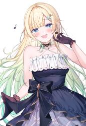 1girl absurdres aizawa_ema aizawa_ema_(1st_costume) asymmetrical_sidelocks bare_shoulders black_gloves blonde_hair blue_dress blue_eyes blush cat_earrings choker collarbone criss-cross_halter dress earrings flower_hairpin frilled_dress frills gloves gradient_hair green_hair hair_flaps hair_intakes halter_dress halterneck highres jewelry lace lace-trimmed_gloves lace_choker lace_trim layered_dress long_hair looking_at_viewer mismatched_earrings multicolored_hair musical_note open_mouth parted_bangs plaid_clothes plaid_dress shain simple_background sleeveless sleeveless_dress solo teeth upper_body upper_teeth_only virtual_youtuber vspo! white_background