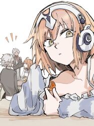 2boys 2girls :o ahoge amakusa_shirou_(fate) artist_name blonde_hair collarbone fate/grand_order fate_(series) fujimaru_ritsuka_(female) fujimaru_ritsuka_(female)_(decisive_battle_chaldea_uniform) headphones highres jeanne_d&#039;arc_(fate) kadoc_zemlupus ki_wa001 long_hair looking_at_viewer lying metatron_jeanne_(fate) metatron_jeanne_(second_ascension)_(fate) multiple_boys multiple_girls off_shoulder orange_hair short_hair sitting table white_background white_hair yellow_eyes