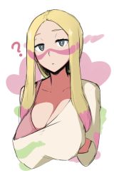 1girl :c ? alternate_breast_size blonde_hair blue_eyes bra bra_strap breasts cleavage collarbone covered_erect_nipples expressionless facepaint female_focus game_freak half-closed_eyes large_breasts long_hair looking_at_viewer mina_(pokemon) nintendo off_shoulder oversized_clothes oversized_shirt paint parted_bangs pink_bra pokemon pokemon_sm roresu shirt simple_background solo trial_captain underwear upper_body white_background white_shirt