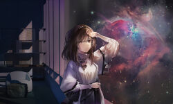 1girl absurdres arknights arm_up black_hairband bright_pupils brown_eyes brown_hair closed_mouth couch glass_wall hair_between_eyes hairband highres indoors long_sleeves looking_at_viewer medium_hair nebula priestess_(arknights) satismemory1223 sky smile solo space star_(sky) starry_sky sweater turtleneck turtleneck_sweater white_pupils white_sweater window