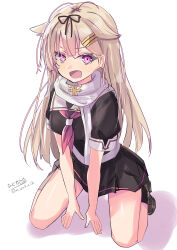 1girl absurdres artist_name black_ribbon black_serafuku blonde_hair blush breasts hair_flaps hair_ornament hair_ribbon hairclip highres hizaka kantai_collection kneeling long_hair looking_at_viewer neckerchief open_mouth pleated_skirt red_eyes red_neckerchief ribbon scarf school_uniform serafuku skirt smile solo twitter_username white_background white_scarf yuudachi_(kancolle) yuudachi_kai_ni_(kancolle)