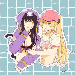 2girls asakura_karen_(heaven_burns_red) bikini black_hair blonde_hair blue_background blush breasts cat_tail cleavage commentary cropped_jacket earrings grabbing_another&#039;s_arm hair_between_eyes heaven_burns_red highres hood hood_down hooded_jacket jacket jewelry long_hair medium_breasts multiple_girls open_clothes open_jacket open_mouth outline pink_bikini pink_hair purple_jacket shirt sidelocks swimsuit tail teeth toujou_tsukasa watanuki_(enu) white_outline white_shirt yuri