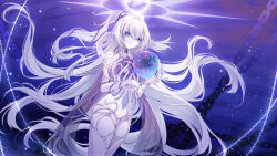 1girl absurdly_long_hair absurdres blue_eyes chain colored_skin commentary_request commission final_fantasy final_fantasy_xiv fingernails hair_intakes halo highres indie_virtual_youtuber long_fingernails long_hair nail_polish orb original rika_mayuzumi sharp_fingernails shawl smile two_side_up very_long_hair virtual_youtuber white_hair white_skin