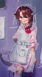 1boy 1girl alternate_costume apron arthropod_limbs brown_eyes brown_hair cigarette collared_shirt crossdressing dress facial_hair frilled_apron frills glasses gregor_(project_moon) holding holding_cigarette indoors limbus_company long_hair looking_at_viewer low_ponytail maid_headdress male_focus nantekottawo!! open_mouth pink_dress ponytail project_moon purple_background ribbon shirt simple_background solo standing upper_body white_apron white_ribbon
