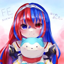 1girl 1other blue_fur blue_hair crossed_bangs female_alear_(fire_emblem) fire_emblem fire_emblem_engage heterochromia highres multicolored_hair nintendo red_hair sommie_(fire_emblem) split-color_hair tiara two-tone_fur two-tone_hair u_fe white_fur