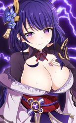 Rule 34 | 1girl, blush, braid, breasts, bridal gauntlets, cleavage, commentary, electricity, flower, genshin impact, hair ornament, hand on own chest, highres, japanese clothes, kimono, large breasts, long hair, long sleeves, looking at viewer, low-braided long hair, low-tied long hair, midori (midori13579), mole, mole under eye, obi, obijime, purple background, purple eyes, purple flower, purple hair, purple kimono, purple nails, raiden shogun, sash, smile, solo, sweat, upper body