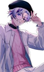 1boy absurdres adjusting_eyewear arm_up beret black_hat black_shirt cable_knit collared_jacket commentary_request confetti cowboy_shot curtained_hair fuwa_minato glasses grin hat highres jacket looking_to_the_side male_focus multicolored_hair nijisanji open_clothes open_jacket pants pink_sweater purple_eyes purple_hair round_eyewear shirt short_hair sideways_glance simple_background smile solo streaked_hair sweater teeth tone_haruma transparent_background virtual_youtuber white_jacket white_pants