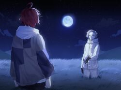 Rule 34 | 2boys, ahoge, aotsuki eito, black gloves, black jacket, bog i66820, commentary, facing another, field, full moon, glasses, gloves, grass, grey eyes, grey hair, grey jacket, highres, hood, hoodie, jacket, jacket over hoodie, looking at another, male focus, moon, multicolored jacket, multiple boys, night, night sky, outdoors, outstretched arm, red hair, short hair, sky, smile, star (sky), sumino takumi, tall grass, the hundred line -last defense academy-, two-tone jacket, white hoodie, white jacket