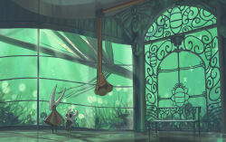 2others absurdres aluba_(hollow_knight) bench commentary_request greenhouse highres hollow_knight hornet_(hollow_knight) knight_(hollow_knight) multiple_others nail_(hollow_knight) plant roly_poly_(aulischeung) window